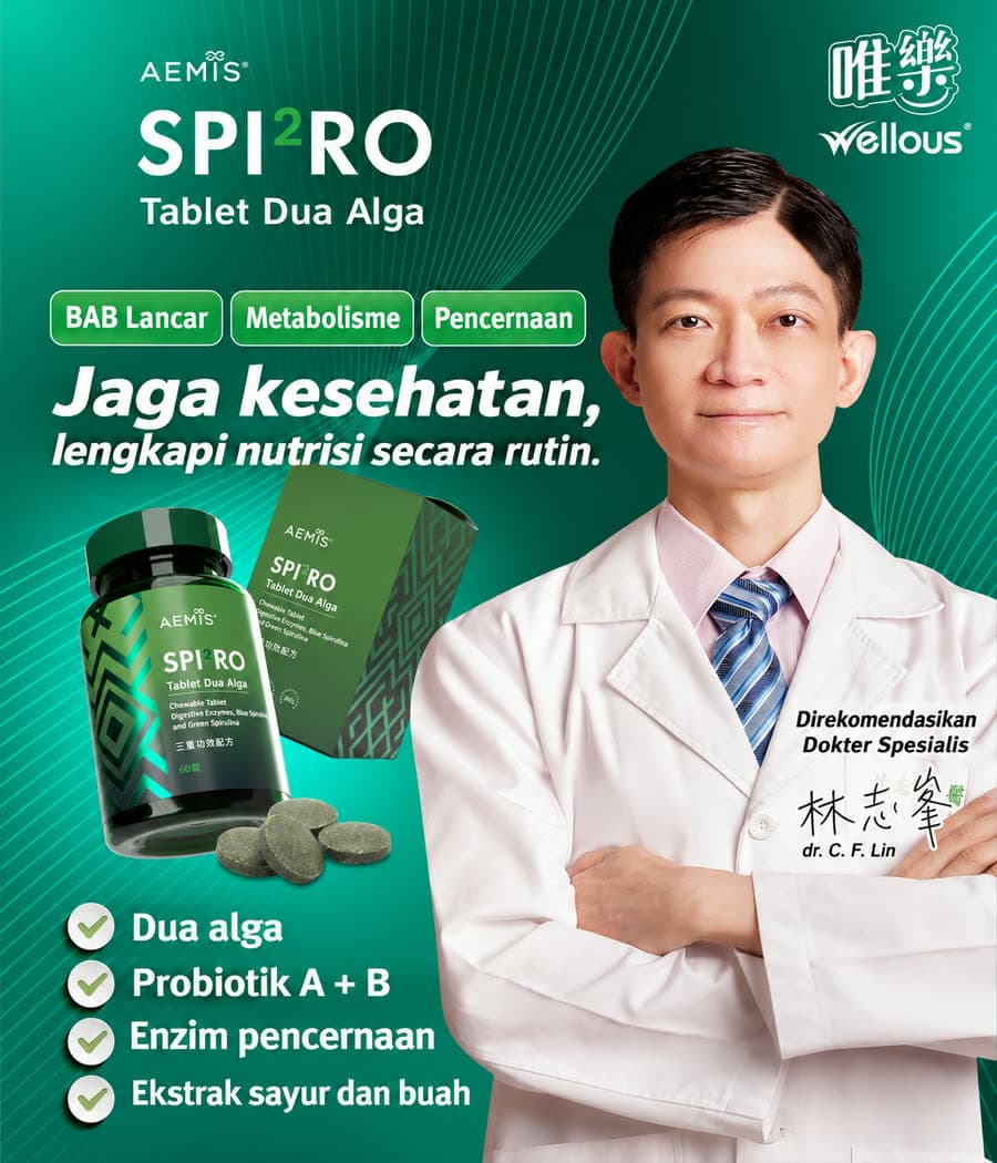 Direkomendasikan dr. C. F. Lin: BAB lancar, metabolisme, pencernaan; dua alga, probiotik A+B, enzim pencernaan, ekstrak sayur dan buah