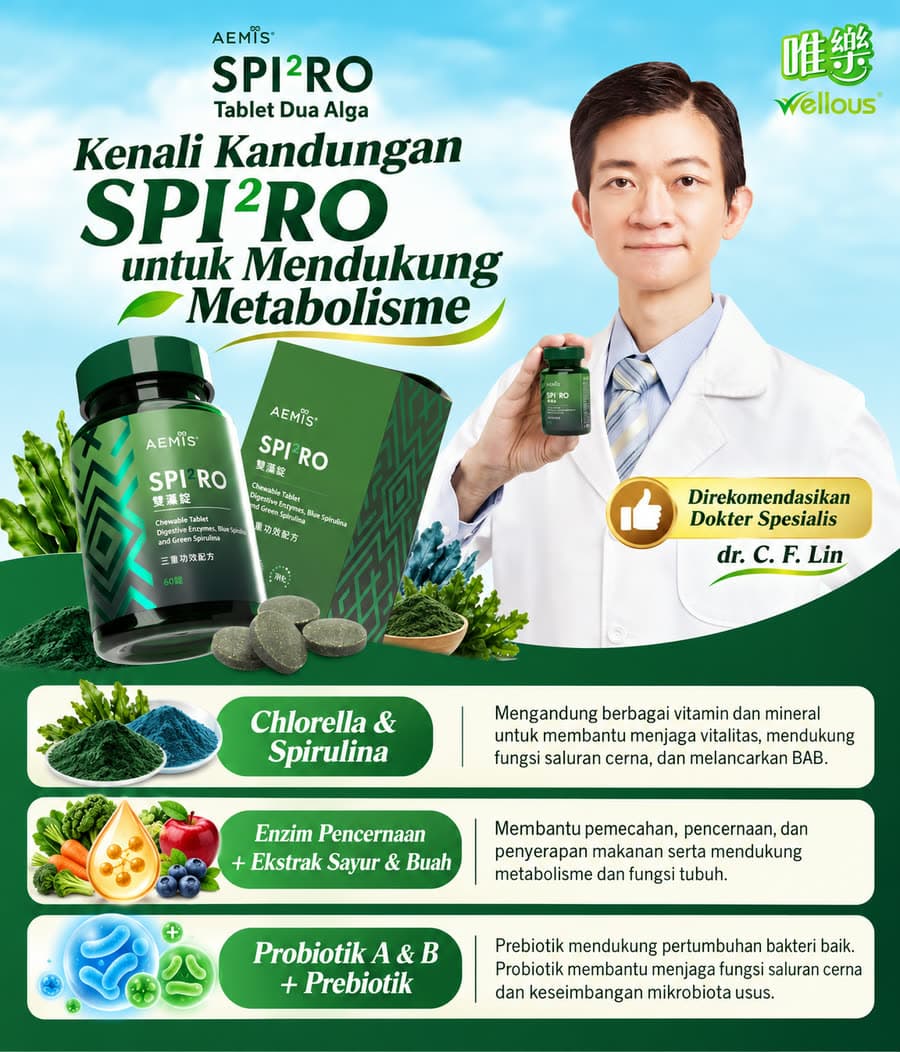 Kenali kandungan SPI²RO: chlorella dan spirulina, enzim pencernaan dan ekstrak sayur-buah, probiotik A dan B dengan prebiotik