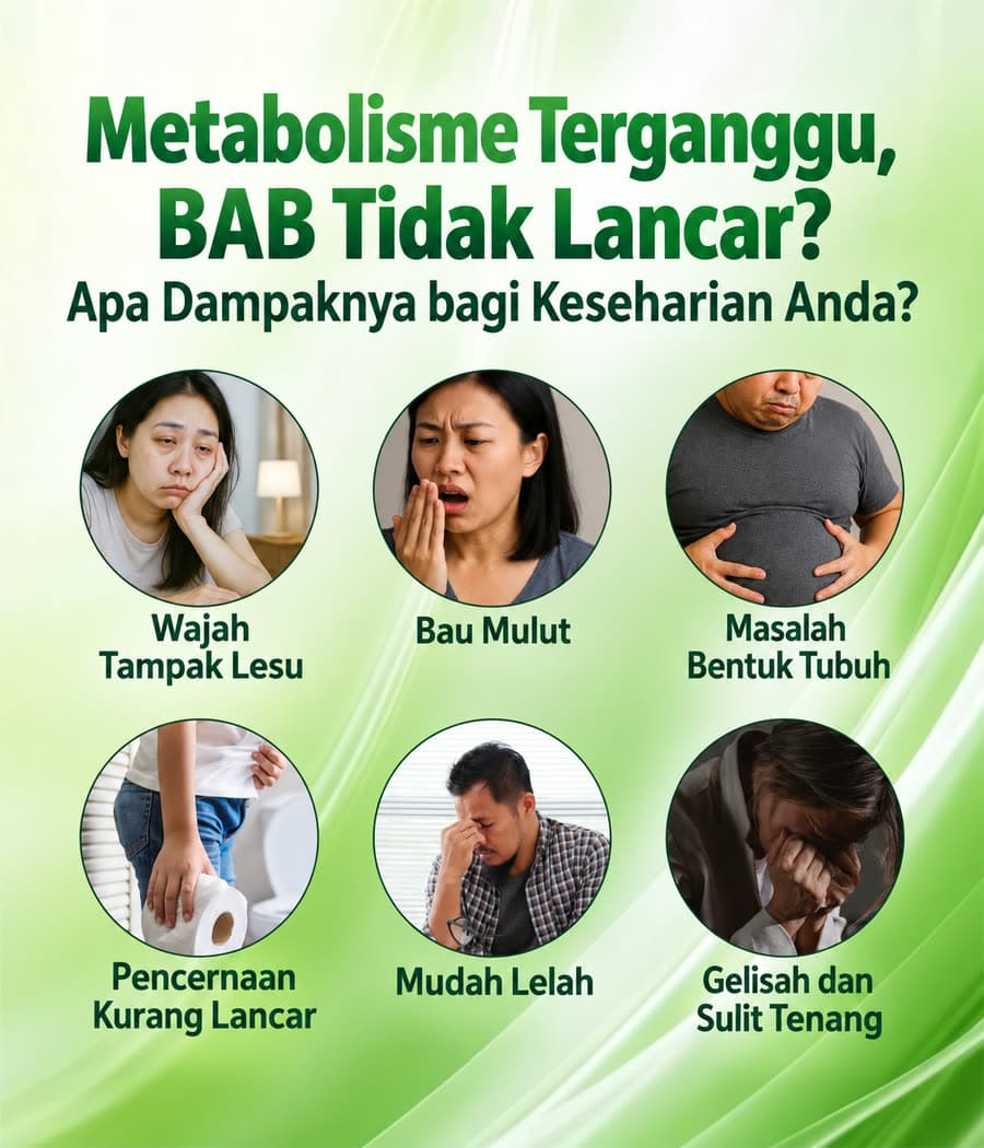 Akibat metabolisme tersendat dan BAB tidak lancar: wajah kusam, bau mulut, bentuk tubuh, pencernaan tersendat, mudah lelah, gelisah