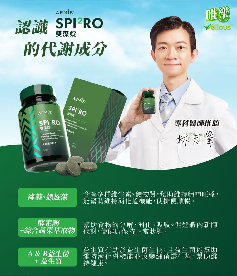 認識 SPIRO 雙藻錠的代謝成分:綠藻螺旋藻、酵素酶與綜合蔬果萃取物、A&B 益生菌與益生質